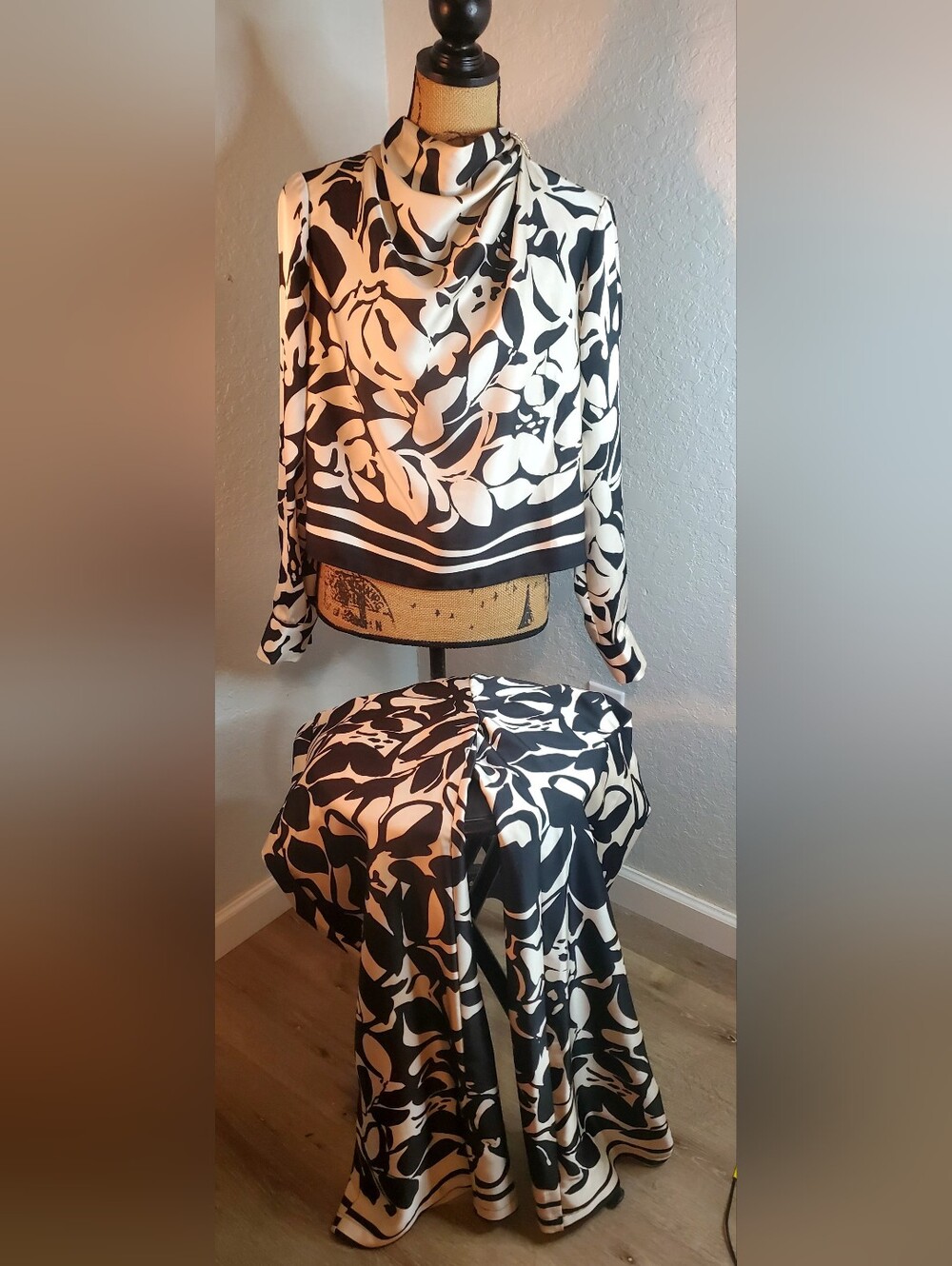 Rachel Zoe Black and Cream Floral Satin Blouse and Wide Leg Pant Set